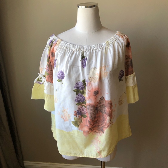 beautiful floral print cotton/linen ruffle sleeve boho top L - Picture 1 of 9